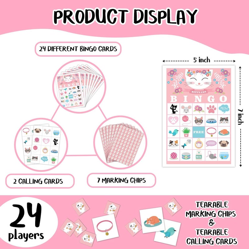 Qssfdgg Cat Floral Bingo Cards, 24 Player Kitty Party Bingo Game for Family Adult, Kitten Party Favor, Large Group Party Celebration Activity -06 - Image 2